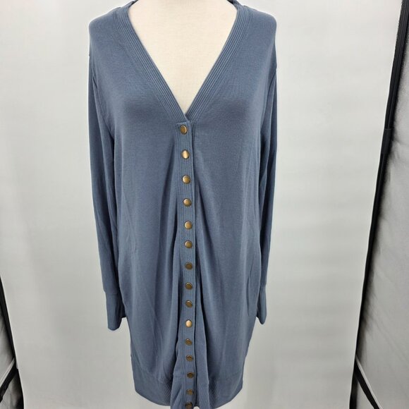 ZENANA Long Sleeve Snap Front Cardigan Sweater With Pockets Dusty Blue L NWT - Picture 3 of 11
